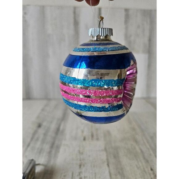 Vintage radko shiny Brite reflector blue striped ball ornament Xmas tree - Picture 6 of 10